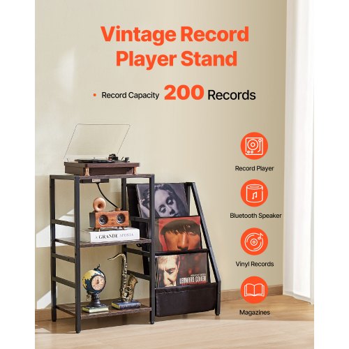 Record Player Stand with Charging Station USB Ports Holds up to 200