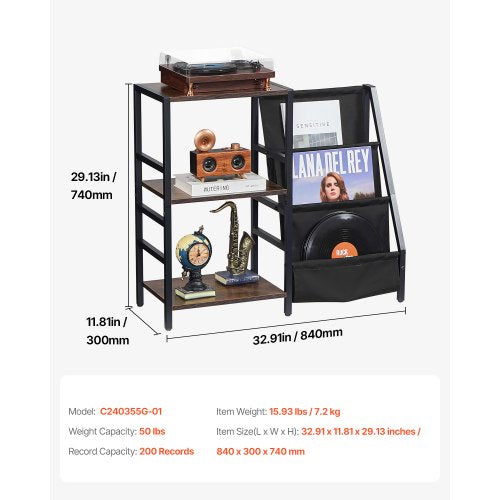 Record Player Stand with Charging Station USB Ports Holds up to 200