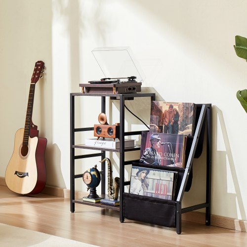 Record Player Stand with Charging Station USB Ports Holds up to 200