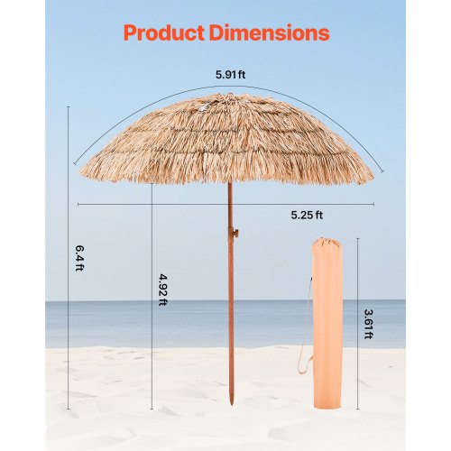 Tiki Umbrella 6 ft Thatched Patio Umbrella with Tilt Hawaiian Style Beach