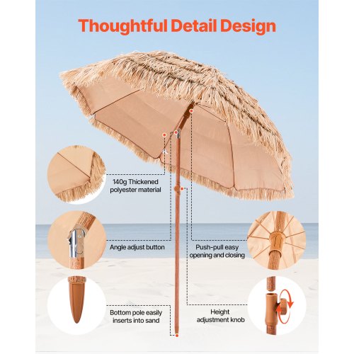 Tiki Umbrella 6 ft Thatched Patio Umbrella with Tilt Hawaiian Style Beach