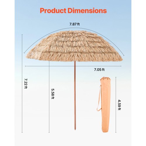 Tiki Umbrella 8 ft Thatched Patio Umbrella with Tilt Hawaiian Style Beach