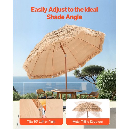 Tiki Umbrella 8 ft Thatched Patio Umbrella with Tilt Hawaiian Style Beach