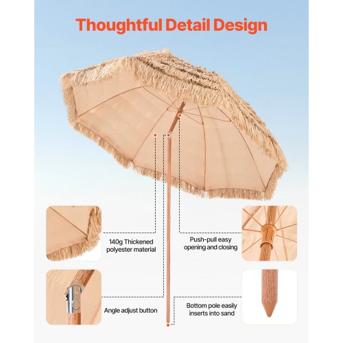 Tiki Umbrella 8 ft Thatched Patio Umbrella with Tilt Hawaiian Style Beach