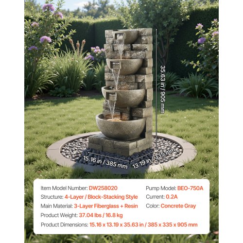 Outdoor Water Fountain 3563 in Height Fountain and Waterfall 4Tier Floor