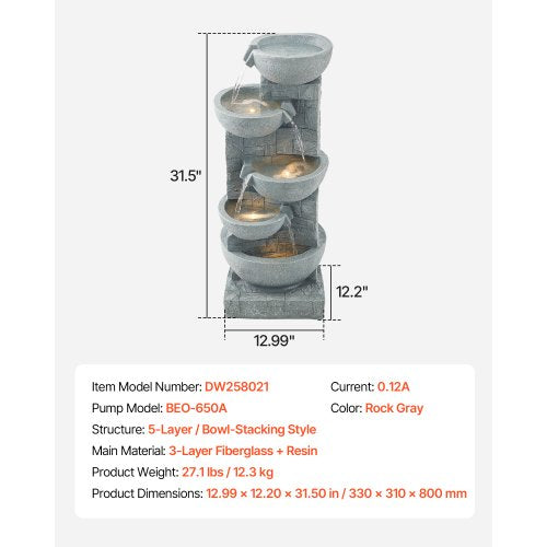 Outdoor Water Fountain 31.5 in Height Fountain and Waterfall 5Tier Floor
