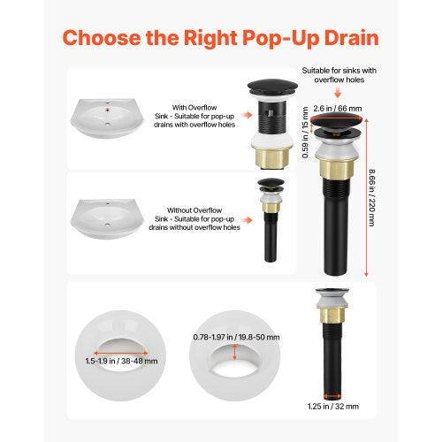 Bathroom Sink Drain with Overflow Brass and 304 Stainless Steel Pop Up Drains