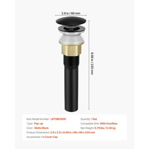 Bathroom Sink Drain with Overflow Brass and 304 Stainless Steel Pop Up Drains