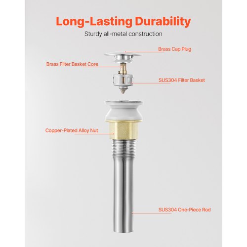 Bathroom Sink Drain Without Overflow Brass and 304 Stainless Steel Pop Up Drains