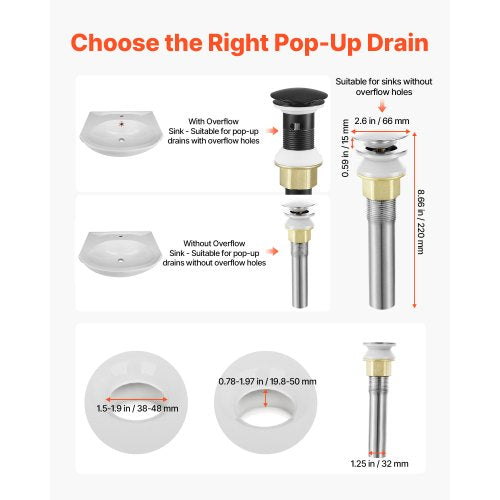 Bathroom Sink Drain Without Overflow Brass and 304 Stainless Steel Pop Up Drains