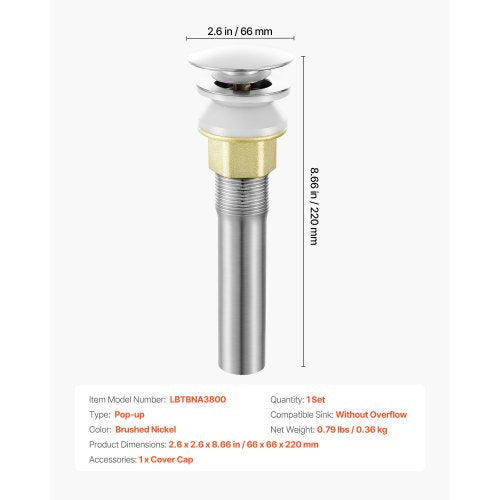 Bathroom Sink Drain Without Overflow Brass and 304 Stainless Steel Pop Up Drains