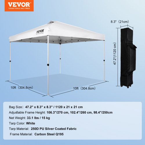 Pop Up Canopy Tent 10 x 10 ft 250 D PU Silver Coated Tarp with Portable