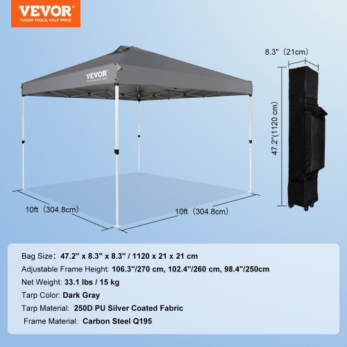 Pop Up Canopy Tent 10 x 10 ft 250 D PU Silver Coated Tarp with Portable