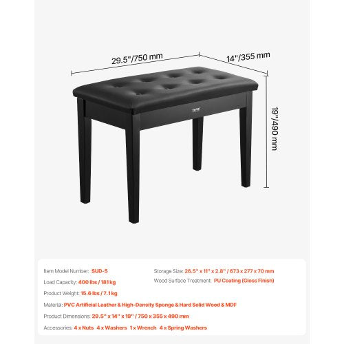 Piano Bench 295 x 14 x 19 Duet Keyboard Piano Chair with HighDensity