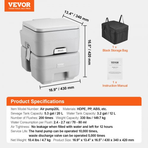 Portable Toilet for Camping Porta Potty with Carry Bag 5.3 Gal Waste Tank