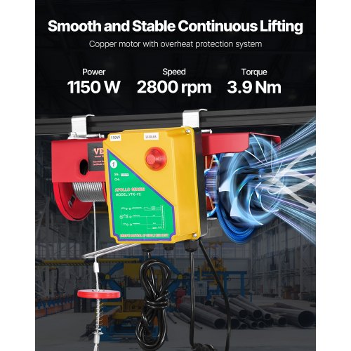 Electric Hoist 1320 lbs Lifting Capacity 1150W 110V Electric Steel Wire