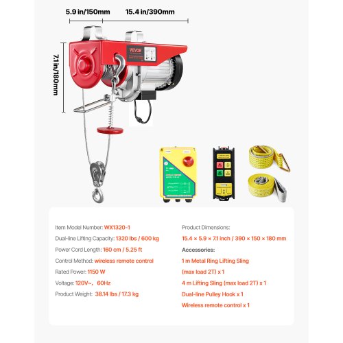 Electric Hoist 1320 lbs Lifting Capacity 1150W 110V Electric Steel Wire