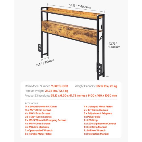 Headboard for Full Size Bed Adjustable Height Headboard with 2 Shelves