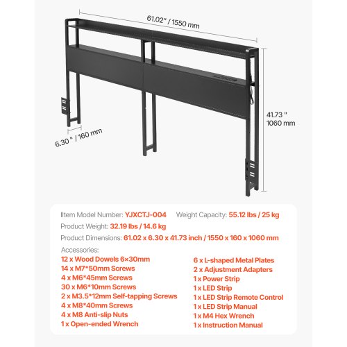 Headboard for Queen Size Bed Adjustable Height Headboard with 2 Shelves