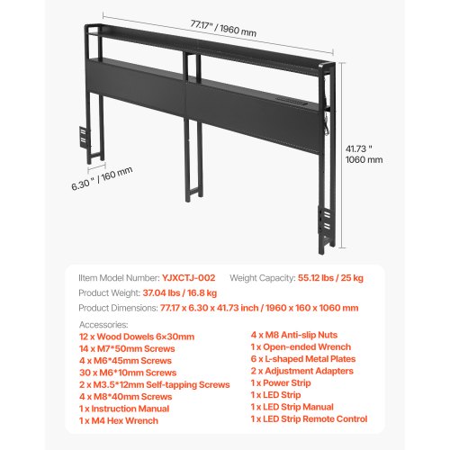 Headboard for King Size Bed Adjustable Height Headboard with 2 Shelves