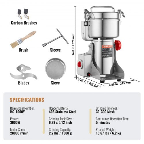 1000g Electric Grain Mill Grinder High Speed 3000W Commercial Spice