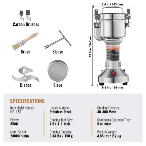 150g Electric Grain Mill Grinder High Speed 850W Commercial Spice Grinders
