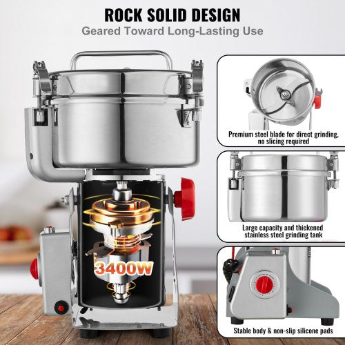 2000g Electric Grain Mill Grinder High Speed 3400W Commercial Spice