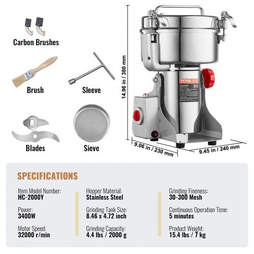 2000g Electric Grain Mill Grinder High Speed 3400W Commercial Spice