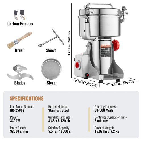 2500g Electric Grain Mill Grinder High Speed 3400W Commercial Spice