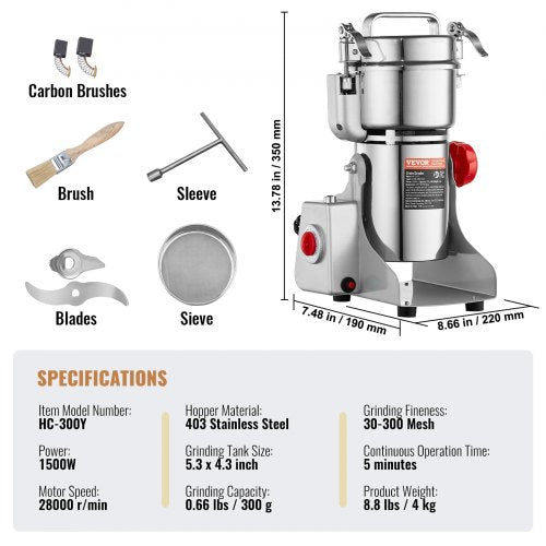 300g Electric Grain Mill Grinder High Speed 1500W Commercial Spice