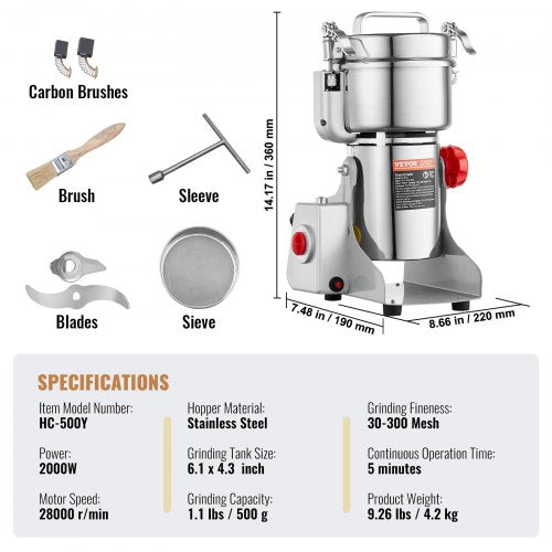 500g Electric Grain Mill Grinder High Speed 2000W Commercial Spice