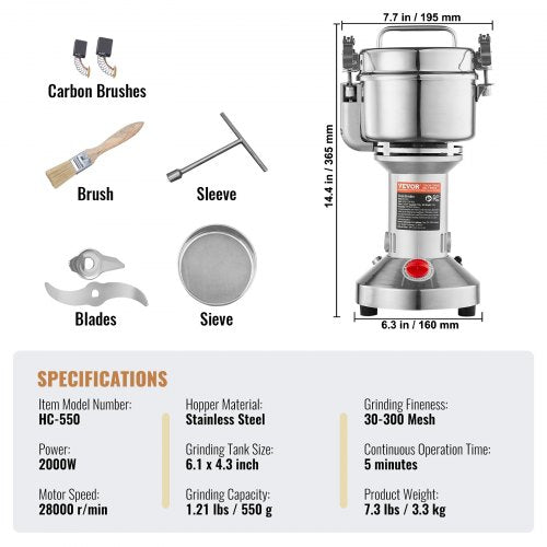550g Electric Grain Mill Grinder High Speed 2000W Commercial Spice
