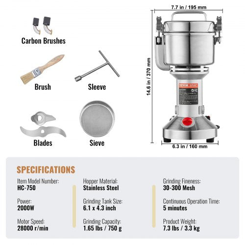 750g Electric Grain Mill Grinder High Speed 2000W Commercial Spice