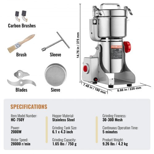 750g Electric Grain Mill Grinder High Speed 2000W Commercial Spice