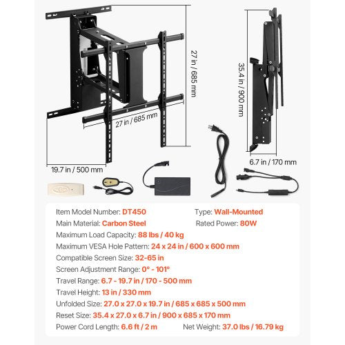 Motorized TV Wall Mount TV Mount for 32 to 65 Inch TV Electric Adjustable