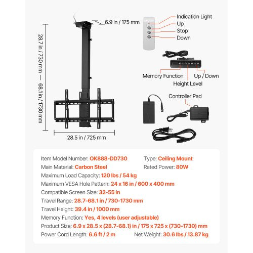 Motorized Ceiling TV Mount TV Wall Mount for 32 to 55 Inch TV Electric