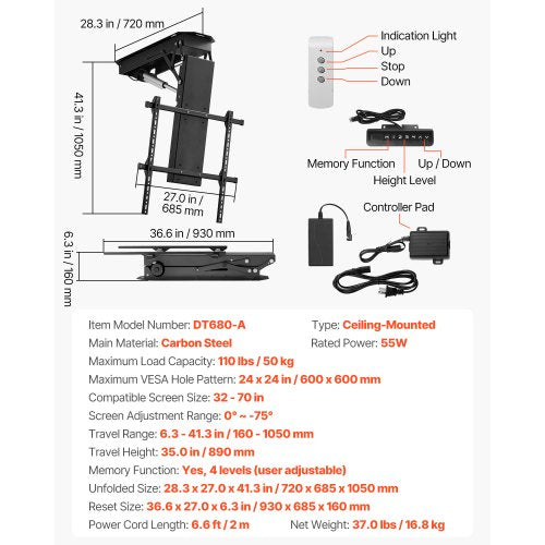 Motorized Ceiling TV Mount TV Wall Mount for 32 to 70 Inch TV Electric