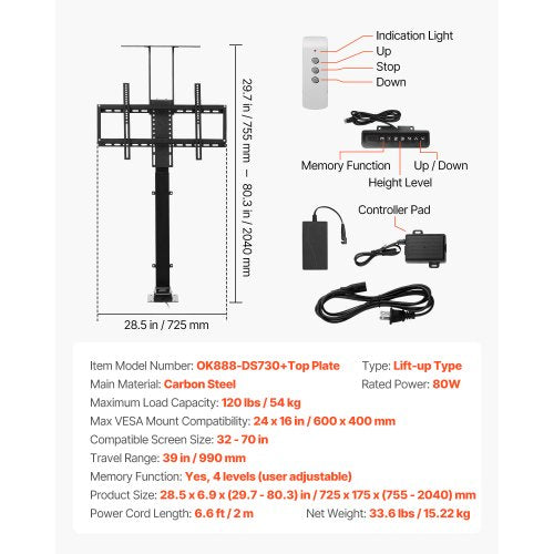 Motorized TV Lift Stand 120 lbs max Load Adjustable TV Lift Stand Mount