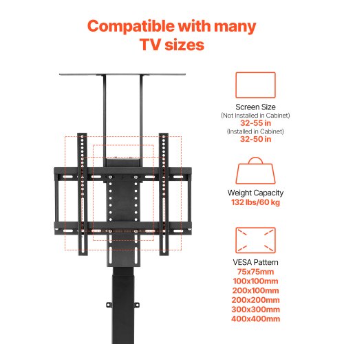 Motorized TV Lift Stand 132 lbs max Load Adjustable TV Lift Stand Mount