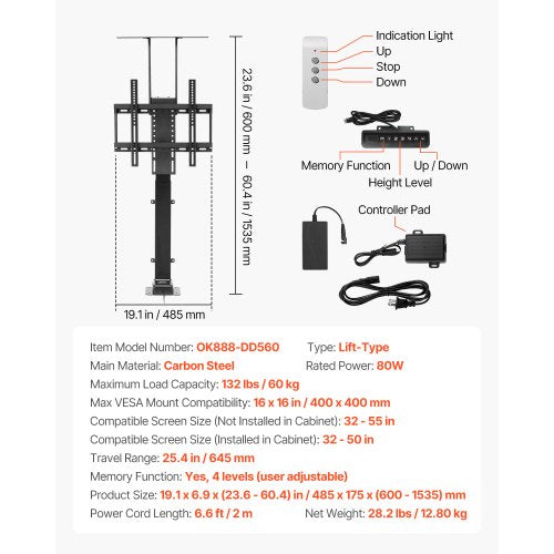 Motorized TV Lift Stand 132 lbs max Load Adjustable TV Lift Stand Mount
