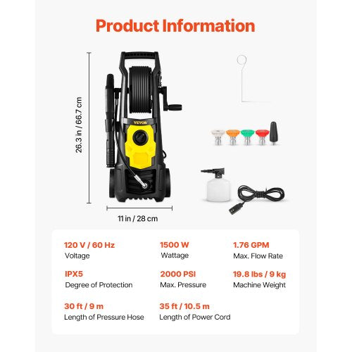 Electric Pressure Washer 2000 PSI Max 176 GPM Power Washer w 30 ft