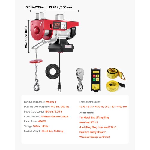 Wireless Electric Hoist 440 lbs 110V Electric Steel Wire Winch with Wireless