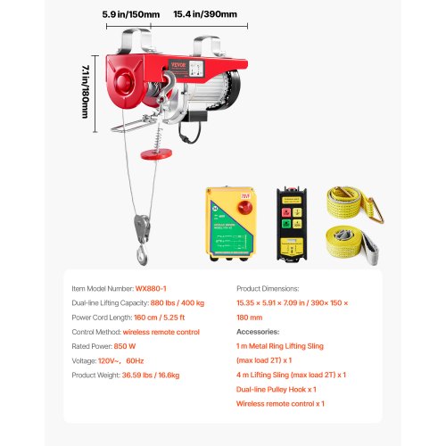 Tuspuzz Electric Hoist 880 lbs Lifting Capacity 850W 110V Electric Steel