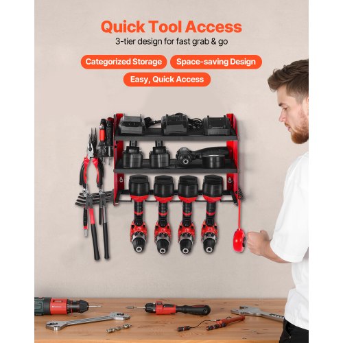 Power Tool Organizer Wall Mount 3Layer Storage Rack with 4 Drill Holders