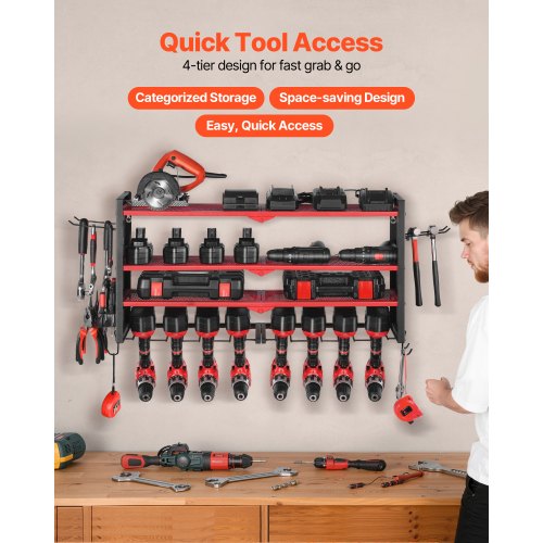 Power Tool Organizer Wall Mount 4Layer Storage Rack with 8 Drill Holders