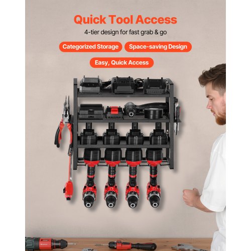 Power Tool Organizer Wall Mount 4Layer Storage Rack with 4 Drill Holders