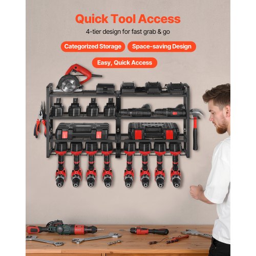 Power Tool Organizer Wall Mount 4Layer Storage Rack with 8 Drill Holders