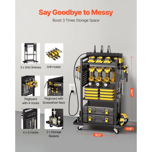 4tier Tool Organizer Cart with Charging Station 8 AC Outlet Floor Stand