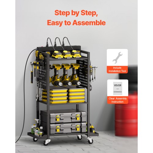 4tier Tool Organizer Cart with Charging Station 8 AC Outlet Floor Stand
