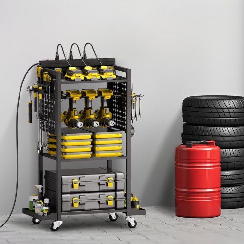 4tier Tool Organizer Cart with Charging Station 8 AC Outlet Floor Stand